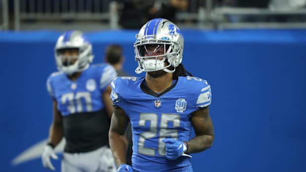 Detroit Lions running back Jahmyr Gibbs (26) warms up before action against the Jacksonville Jaguars, Saturday, August 19, 2023 at Ford Field.  